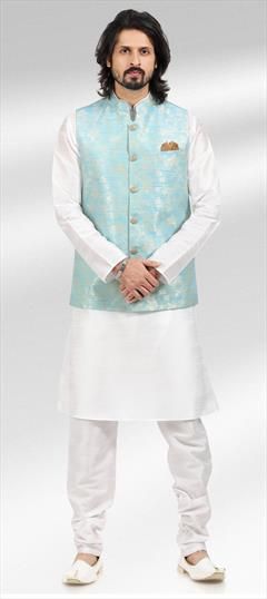 White and Off White color Kurta Pyjama with Jacket in Jacquard fabric with Weaving work : 1849284