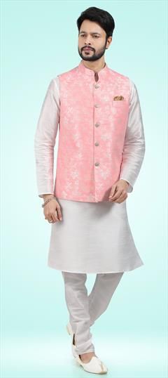 White and Off White color Kurta Pyjama with Jacket in Jacquard fabric with Weaving work : 1849287