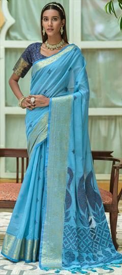 Traditional Blue color Saree in Chanderi Silk, Silk fabric with South Weaving, Zari work : 1849448