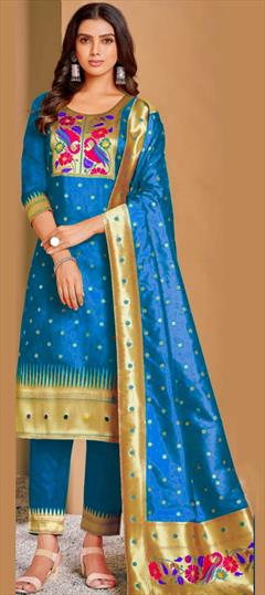 Festive, Party Wear Blue color Salwar Kameez in Silk fabric with Straight Printed work : 1849450