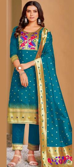 Festive, Party Wear Blue color Salwar Kameez in Silk fabric with Straight Printed work : 1849452