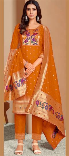 Festive, Party Wear Orange color Salwar Kameez in Silk fabric with Straight Printed work : 1849453