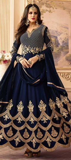 Designer, Party Wear Blue color Salwar Kameez in Georgette fabric with Anarkali Embroidered, Stone, Zari work : 1849532