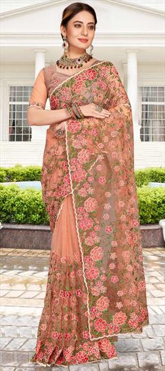 Reception, Wedding Pink and Majenta color Saree in Net fabric with Classic Embroidered, Stone, Thread, Zari work : 1849577