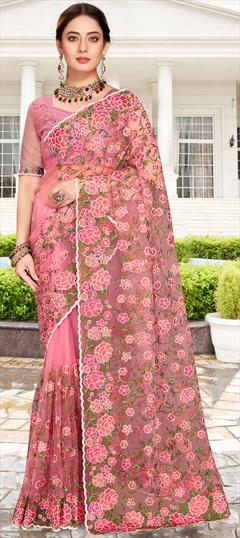 Reception, Wedding Pink and Majenta color Saree in Net fabric with Classic Embroidered, Stone, Thread, Zari work : 1849580