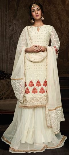 Designer, Party Wear White and Off White color Salwar Kameez in Georgette, Net fabric with Palazzo Embroidered, Stone, Zari work : 1849587