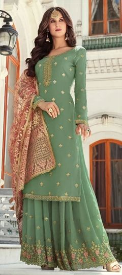Mehendi Sangeet, Reception, Wedding Green color Salwar Kameez in Georgette fabric with Palazzo Embroidered, Stone, Zari work : 1849589
