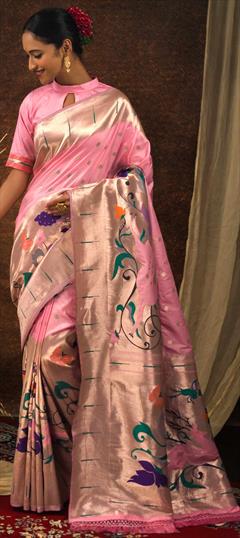 Traditional, Wedding Gold, Pink and Majenta color Saree in Art Silk, Silk fabric with South Weaving work : 1849598