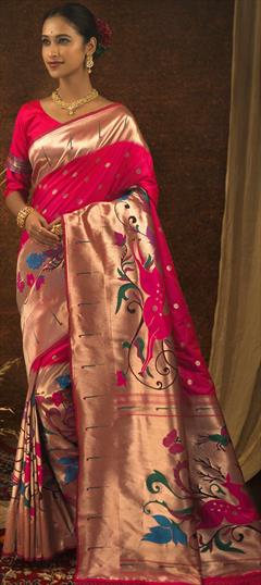 Traditional, Wedding Gold, Pink and Majenta color Saree in Art Silk, Silk fabric with South Weaving work : 1849604