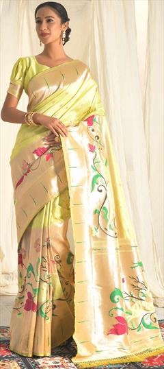 Traditional, Wedding Gold, Green color Saree in Art Silk, Silk fabric with South Weaving work : 1849606