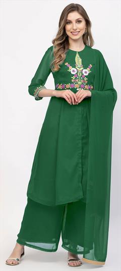 Festive, Party Wear Green color Salwar Kameez in Georgette fabric with Palazzo Embroidered work : 1849644