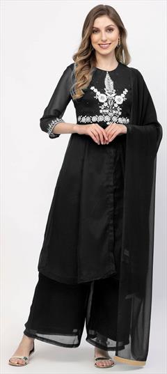 Festive, Party Wear Black and Grey color Salwar Kameez in Georgette fabric with Palazzo Embroidered work : 1849646