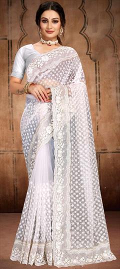Mehendi Sangeet, Reception White and Off White color Saree in Net fabric with Classic Embroidered, Stone, Thread, Zari work : 1849654