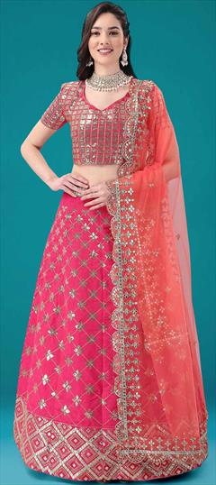 Reception, Wedding Pink and Majenta color Lehenga in Art Silk fabric with A Line Embroidered, Resham, Sequence work : 1849704