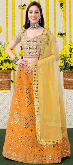 Engagement, Reception, Wedding Orange color Lehenga in Satin Silk, Silk fabric with A Line Embroidered, Mirror, Thread work : 1849712