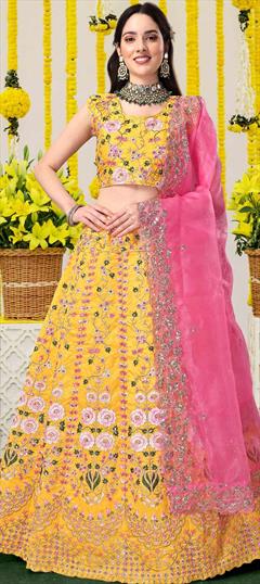 Engagement, Reception, Wedding Yellow color Lehenga in Satin Silk, Silk fabric with A Line Embroidered, Sequence, Thread work : 1849713