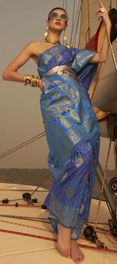 Traditional, Wedding Blue color Saree in Satin Silk, Silk fabric with South Weaving work : 1849726