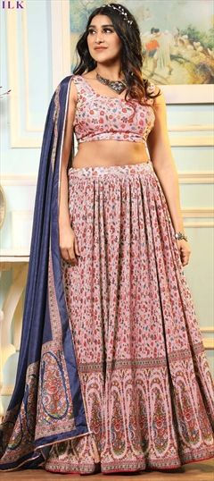 Party Wear, Reception Beige and Brown color Lehenga in Satin Silk fabric with A Line Printed work : 1849786