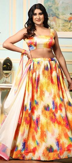 Party Wear, Reception Multicolor color Lehenga in Satin Silk fabric with A Line Printed work : 1849798