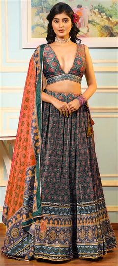 Party Wear, Reception Multicolor color Lehenga in Satin Silk fabric with A Line Printed work : 1849816