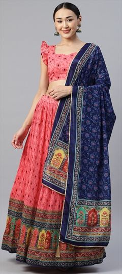 Party Wear, Reception Pink and Majenta color Lehenga in Satin Silk fabric with A Line Printed work : 1849818