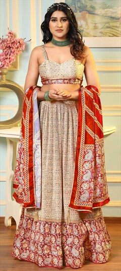 Party Wear, Reception Beige and Brown color Lehenga in Satin Silk fabric with A Line Printed work : 1849822