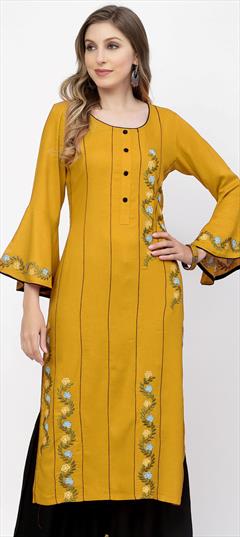 Festive, Party Wear Yellow color Kurti in Rayon fabric with Long Embroidered work : 1849868