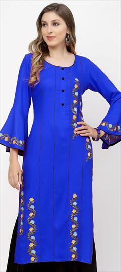 Festive, Party Wear Blue color Kurti in Rayon fabric with Long Embroidered work : 1849869