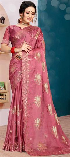 Designer, Traditional Pink and Majenta color Saree in Organza Silk, Silk fabric with South Embroidered, Sequence, Thread, Zircon work : 1849897