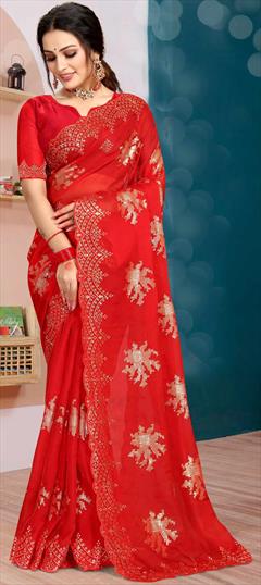 Designer, Traditional Red and Maroon color Saree in Organza Silk, Silk fabric with South Embroidered, Sequence, Thread, Zircon work : 1849898