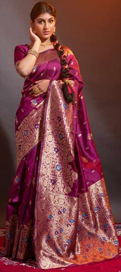 Festive, Navratri, Traditional Pink and Majenta color Saree in Banarasi Silk fabric with South Weaving, Zari work : 1849915