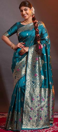 Festive, Navratri, Traditional Green color Saree in Banarasi Silk fabric with South Weaving, Zari work : 1849917