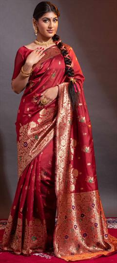 Festive, Navratri, Traditional Red and Maroon color Saree in Banarasi Silk fabric with South Weaving, Zari work : 1849920