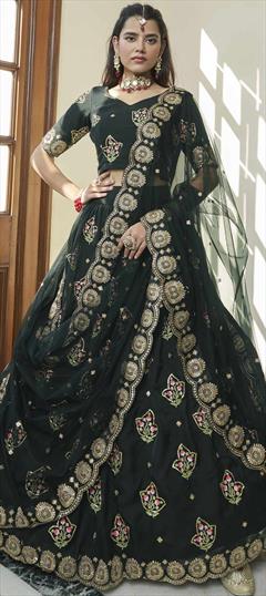 Engagement, Reception, Wedding Black and Grey color Lehenga in Organza Silk fabric with A Line Embroidered, Sequence, Thread, Zari work : 1849923