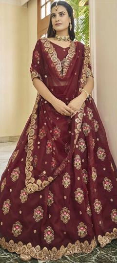 Engagement, Reception, Wedding Red and Maroon color Lehenga in Organza Silk fabric with A Line Embroidered, Sequence, Thread, Zari work : 1849927