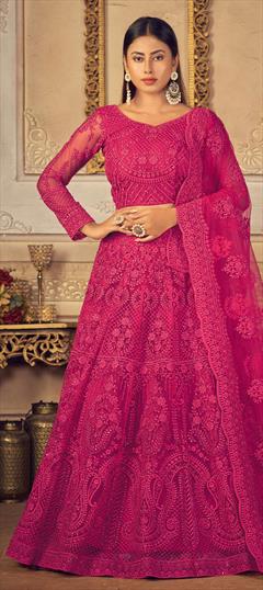 Festive, Reception, Wedding Pink and Majenta color Lehenga in Net fabric with A Line Embroidered, Resham, Stone, Thread work : 1850240