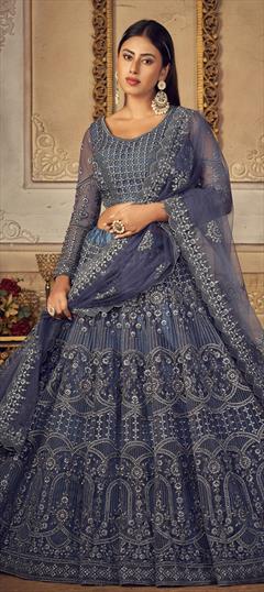 Festive, Reception, Wedding Black and Grey color Lehenga in Net fabric with A Line Embroidered, Resham, Stone, Thread work : 1850241