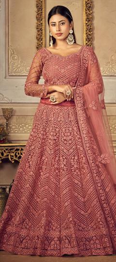 Festive, Reception, Wedding Beige and Brown color Lehenga in Net fabric with A Line Embroidered, Resham, Stone, Thread work : 1850242