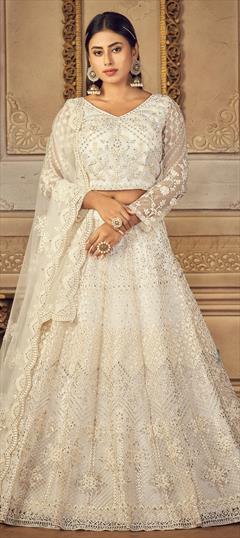 Festive, Reception, Wedding White and Off White color Lehenga in Net fabric with A Line Embroidered, Resham, Stone, Thread work : 1850243