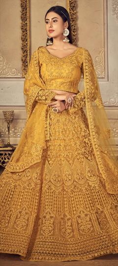 Festive, Reception, Wedding Yellow color Lehenga in Net fabric with A Line Embroidered, Resham, Stone, Thread work : 1850244