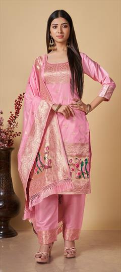 Party Wear Pink and Majenta color Salwar Kameez in Banarasi Silk fabric with Straight Weaving work : 1850273