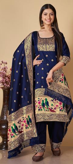 Party Wear Blue color Salwar Kameez in Banarasi Silk fabric with Straight Weaving work : 1850275