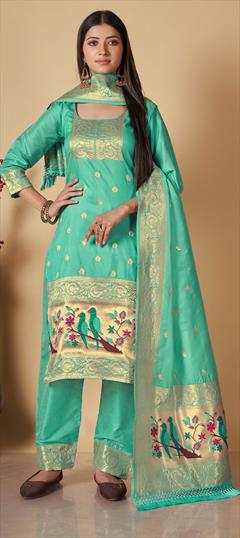 Party Wear Green color Salwar Kameez in Banarasi Silk fabric with Straight Weaving work : 1850277