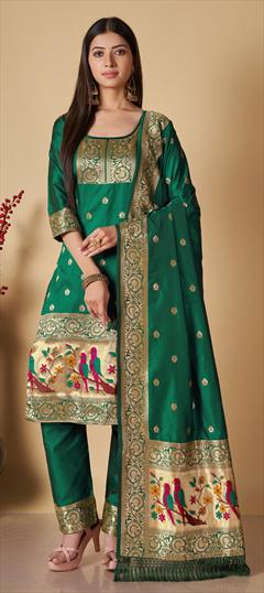Party Wear Green color Salwar Kameez in Banarasi Silk fabric with Straight Weaving work : 1850279