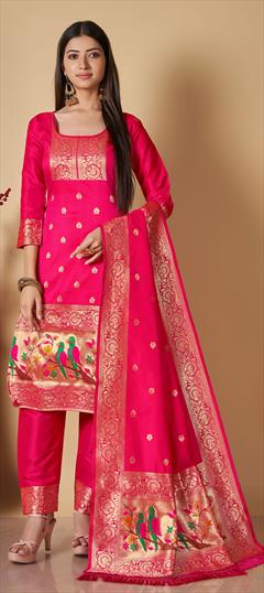 Party Wear Pink and Majenta color Salwar Kameez in Banarasi Silk fabric with Straight Weaving work : 1850284