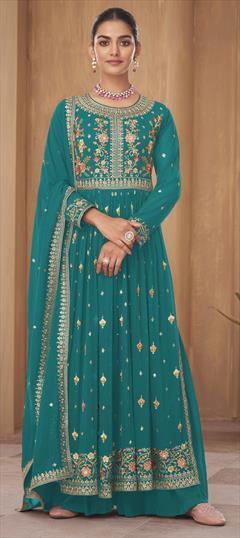 Festive, Reception Blue color Salwar Kameez in Georgette fabric with Palazzo Embroidered, Resham, Sequence, Thread, Zari work : 1850330