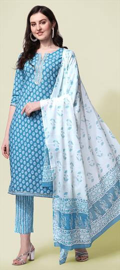 Casual Blue color Salwar Kameez in Cotton fabric with Straight Lace, Printed work : 1850336