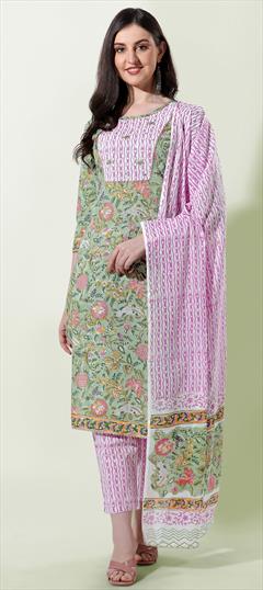 Casual, Festive Green color Salwar Kameez in Cotton fabric with Straight Printed work : 1850372