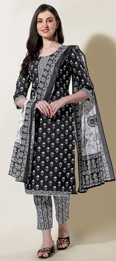 Casual, Festive Black and Grey color Salwar Kameez in Cotton fabric with Straight Printed work : 1850377