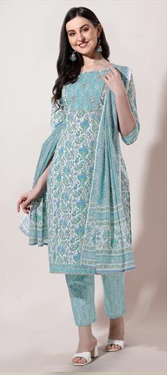 Casual, Festive Blue color Salwar Kameez in Cotton fabric with Straight Printed work : 1850379